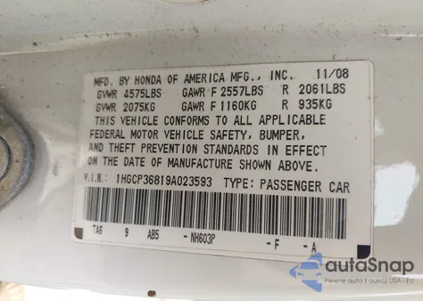 2009 Honda Accord 3.5 Ex-L from USA, damaged, VIN 1HGCP36819A023593